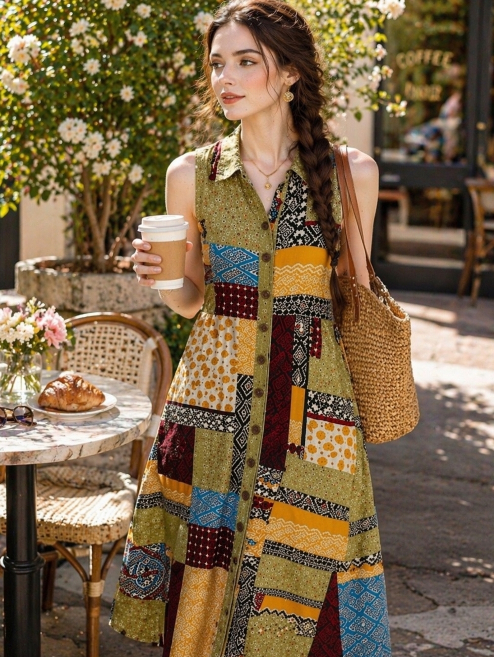 Anthropologie Patchwork Midi Dress Sz 10 Boho Button Front Resort Summer